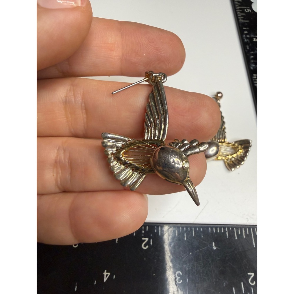 Two Tone Hummingbird Drop Earrings Silver Gold Tone Nature Bird Jewelry